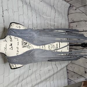 Maurice's Faux Microsuede Fringed Laser Cut Open Front Vest Grey Size Small